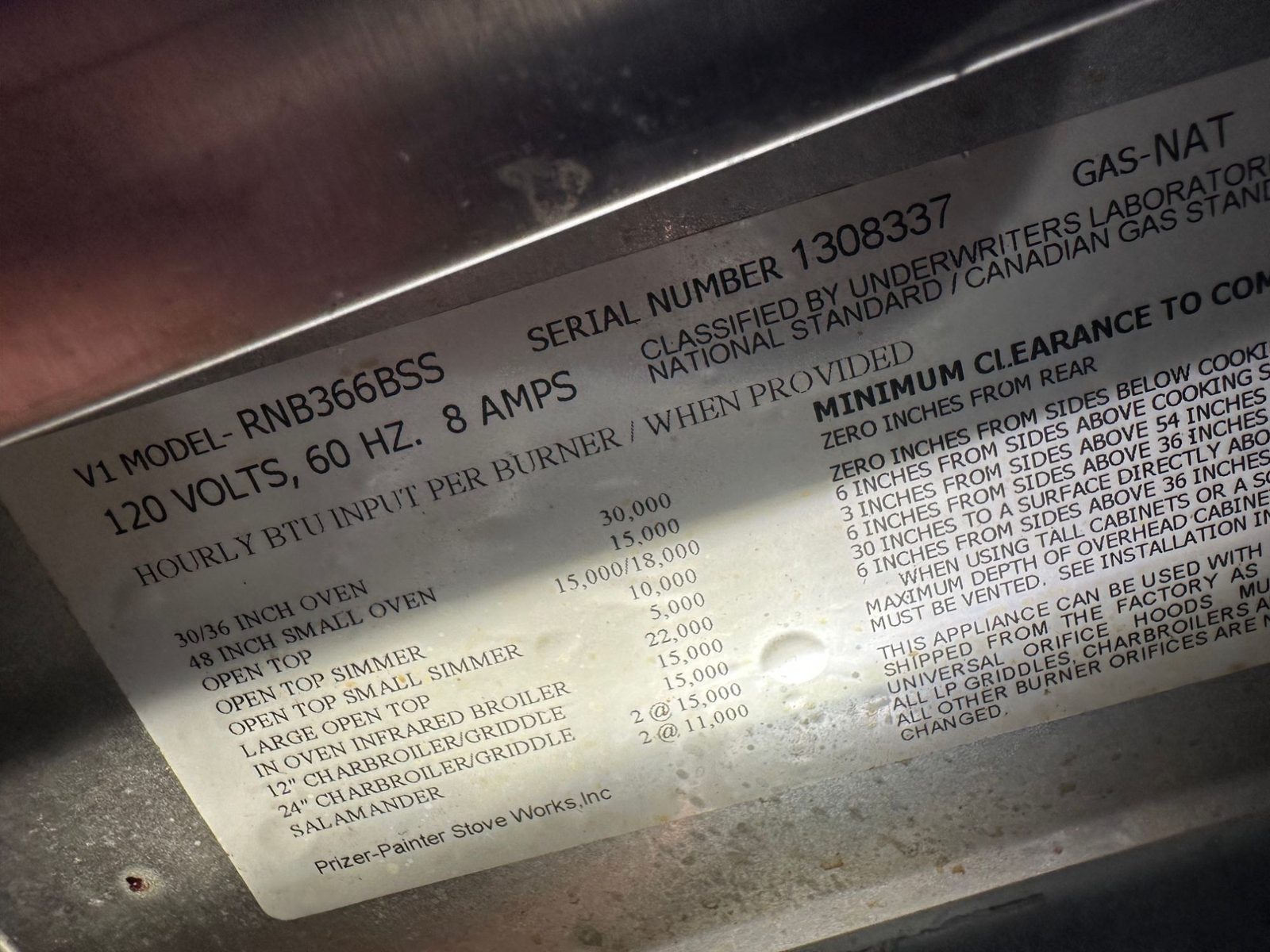 BlueStar rating plate showing model RNB366BSS, 120 volts, natural gas