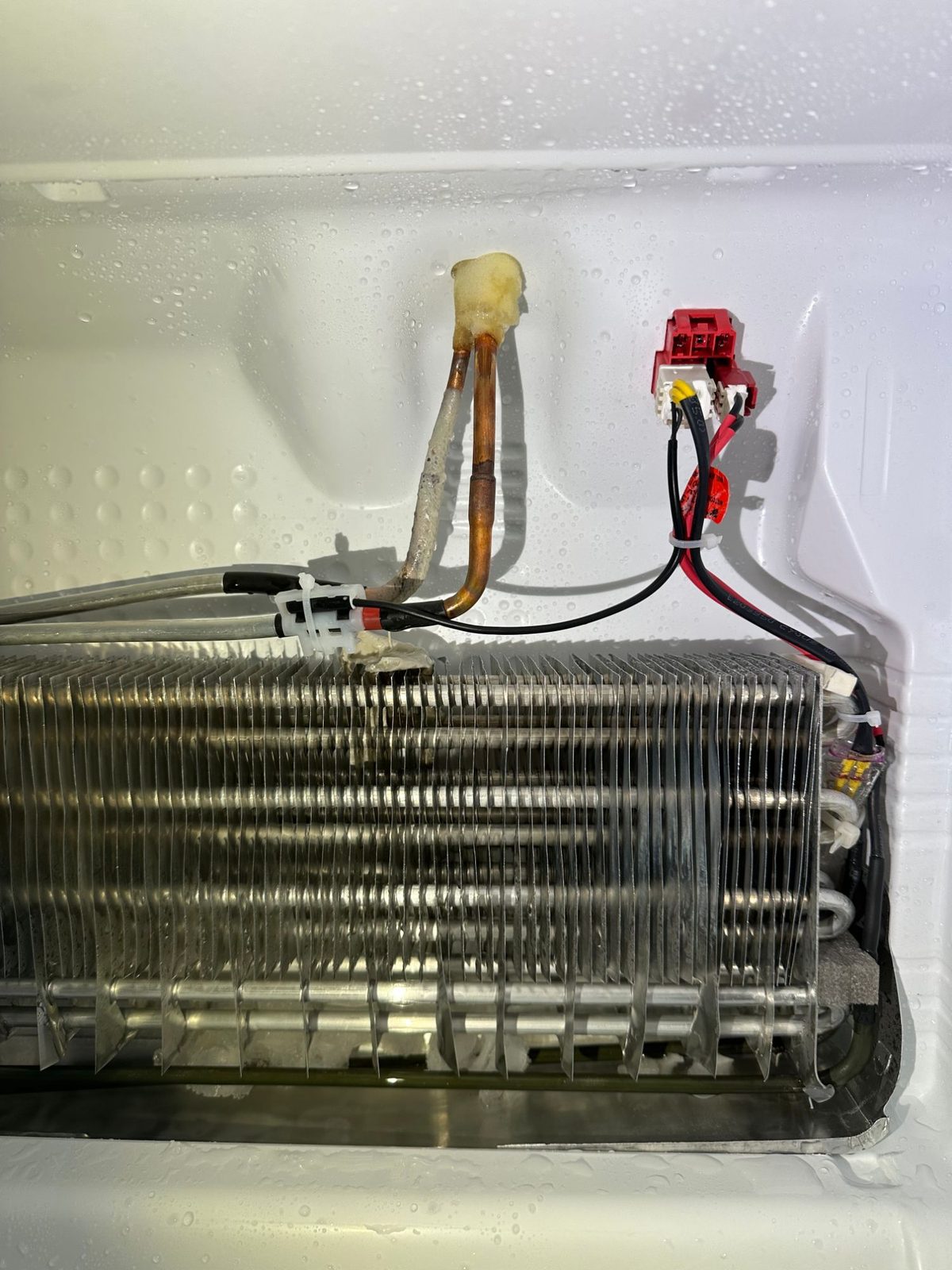 Bosch evaporator with the ice cleared, showing the defrost wiring and connector at the top right of the coil