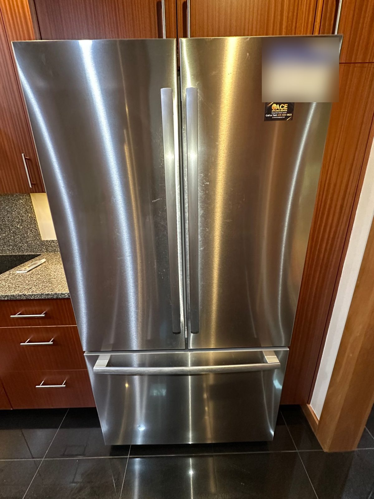Bosch B21CT80SNS stainless French-door refrigerator in a Lake Forest Park kitchen