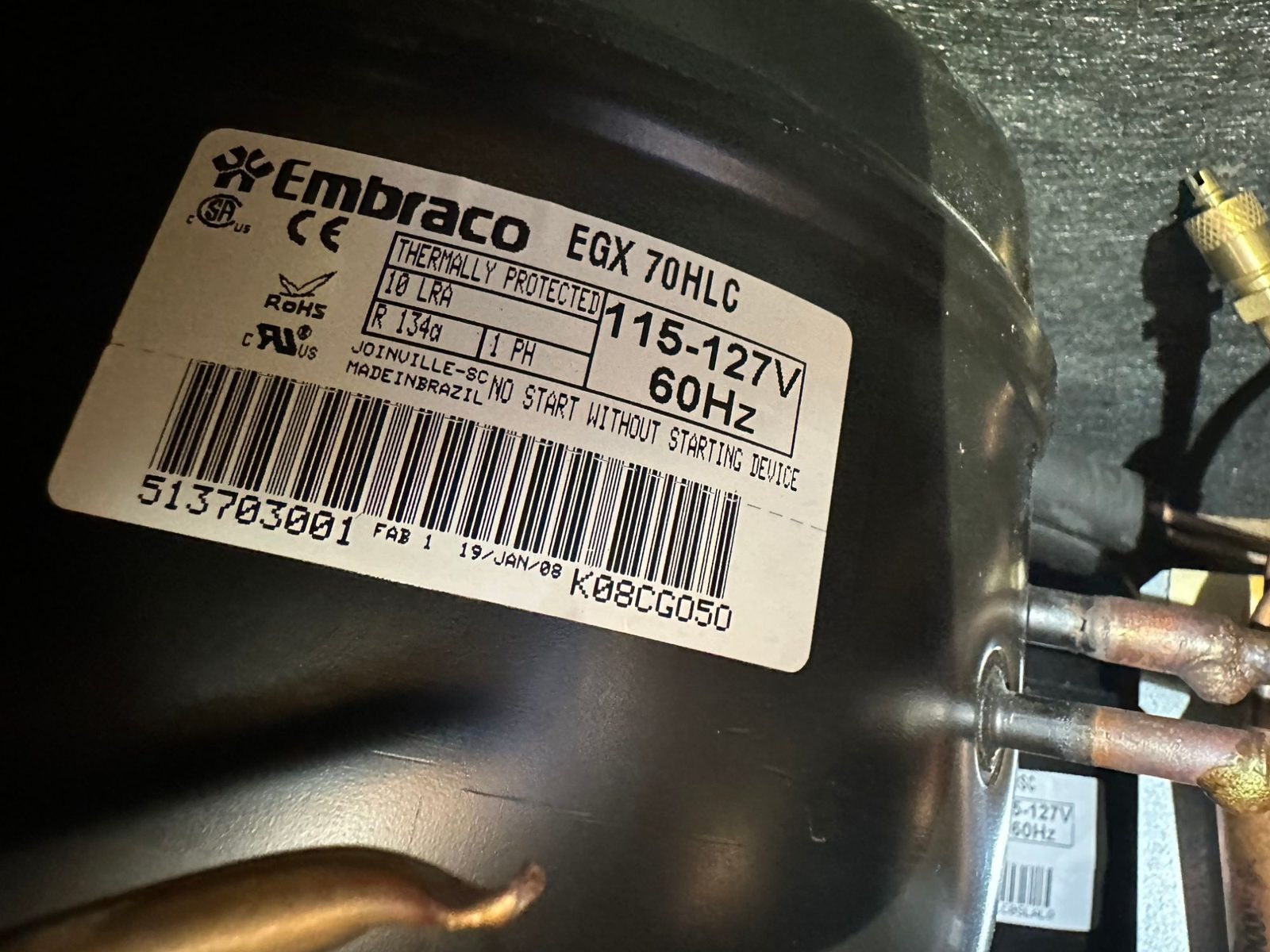 Embraco EGX 70HLC compressor label on the Sub-Zero 736TCI, R134a, 115-127V 60Hz, dated January 2008