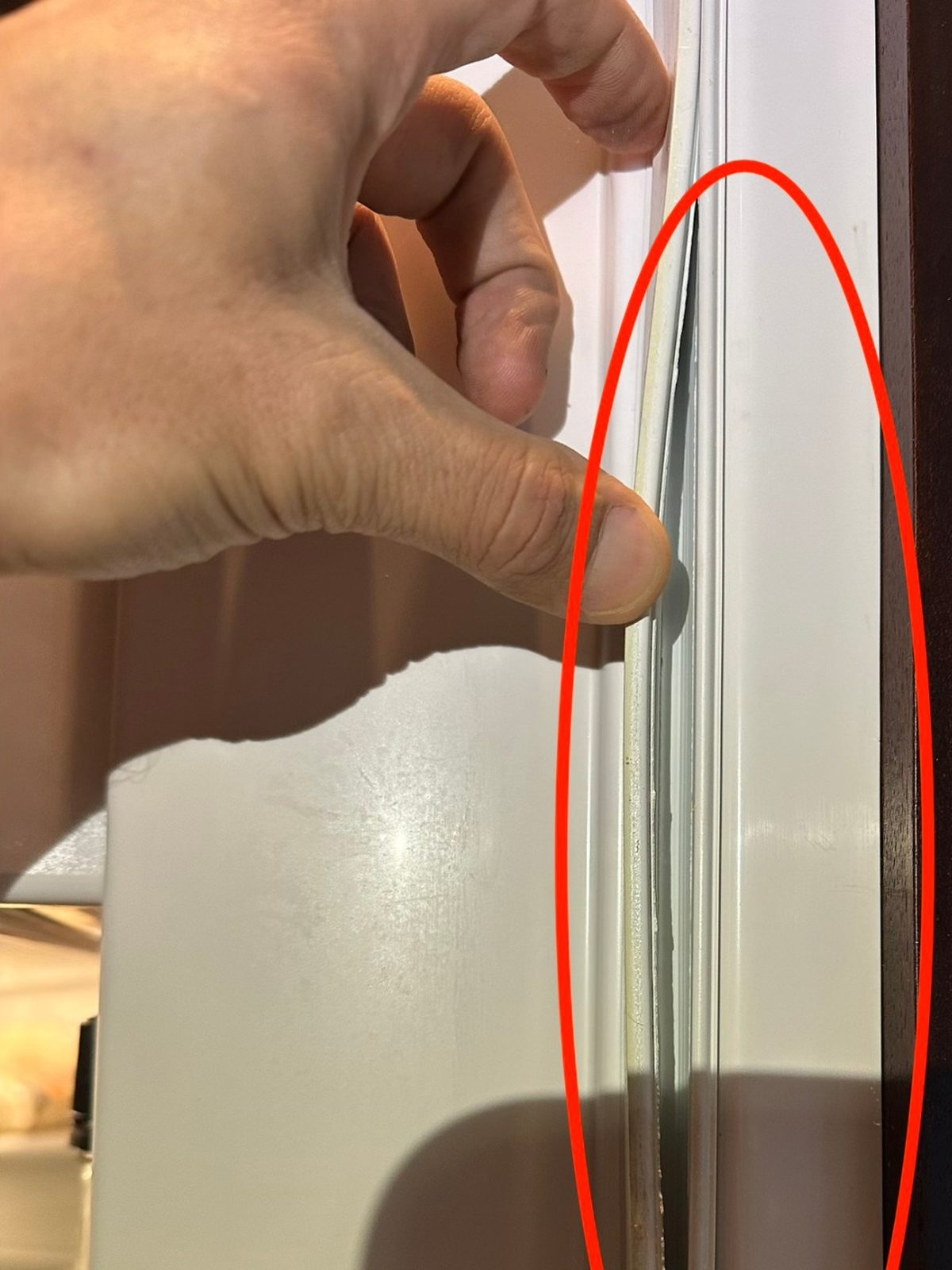 Torn Sub-Zero door gasket pulling away from the door along the hinge side, circled in red