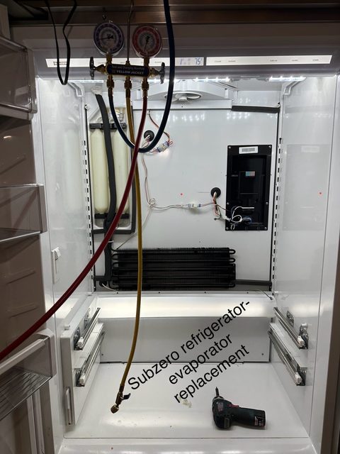 Sub-Zero refrigerator evaporator replacement, sealed system open with charging manifold gauges attached