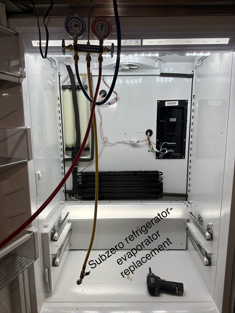 Sub-Zero refrigerator evaporator replacement, sealed system open with charging manifold gauges attached